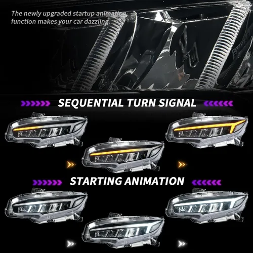 Miniatura 3 de Ensamble de faros Archaic Compatible para Honda Civic de 10ª generación 2016-2021, faro proyector con señal intermitente secuencial para Civic