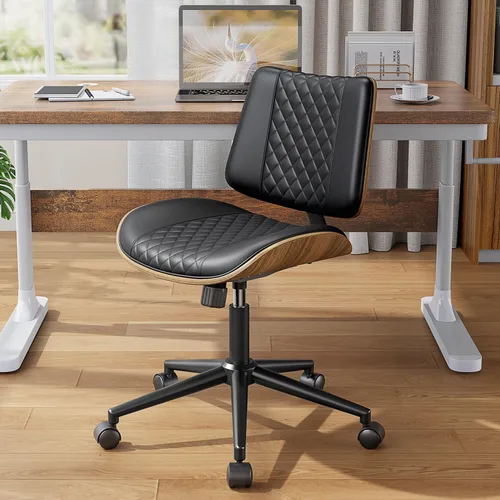 Miniatura 8 de YaFiti Silla de oficina sin brazos, silla de escritorio moderna de mediados de siglo con respaldo de madera de nogal y elevación de gas SGS nivel 3