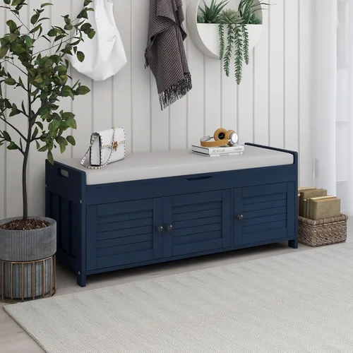 Miniatura 17 de SOFTSEA Banco de Almacenamiento Tapizado, Otomana de Almacenamiento con Cesta Removible y 2 Cajones, Banco de Zapatos de Estilo Granja con Cojín