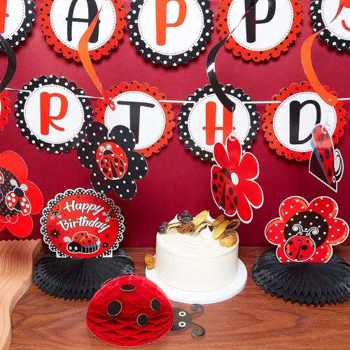 Miniatura 4 de Juego de 28 piezas de decoración de fiesta de cumpleaños de mariquita, lindo cartel de cumpleaños de mariquita, panal de abeja, centro de mesa