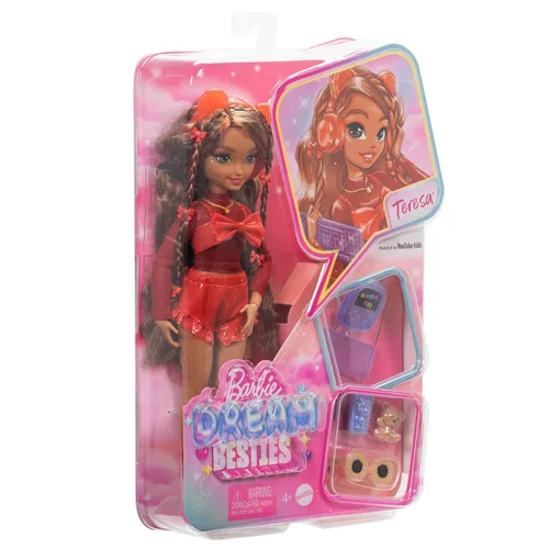 Miniatura 6 de Set de juego Barbie Dream Besties, muñeca posable Teresa de moda con cabello castaño y pinzas para el cabello, 10 accesorios temáticos de videojuegos