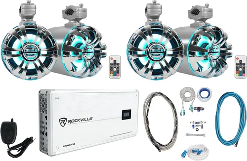 Rockville Paquete WB65KLED: (4) altavoces de torre LED de wakeboard marino de metal RMS de 6.5 pulgadas de 300 vatios de 300 vatios/150 vatios con