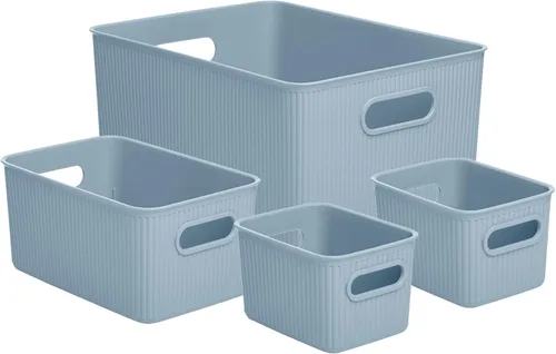 Superio Ribbed Collection – Cesta decorativa de plástico abierta para el hogar, color azul (juego de 4) 1 grande, 1 mediano, 2 pequeñas – cajas de
