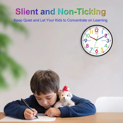 Miniatura 2 de Reloj de pared para niños, 9.5 pulgadas, pequeño, moderno, funciona con pilas, silencioso, analógico, clásico, para oficina, hogar, baño, cocina