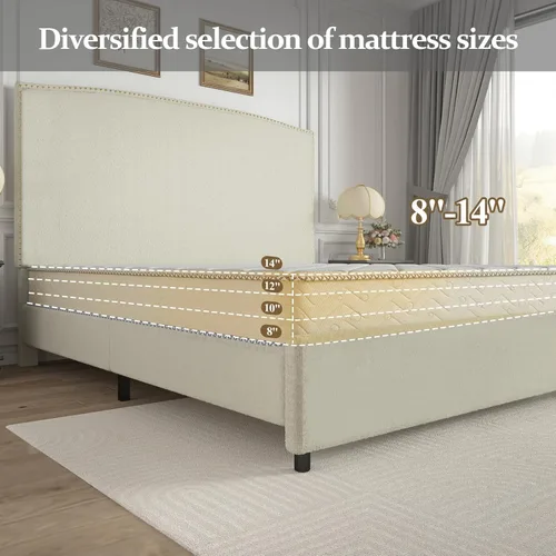 Miniatura 6 de Base de cama tamaño matrimonial con cabecero, plataforma tapizada de 56 pulgadas con ribete de cabeza de clavos, tela suave de bucle, no necesita