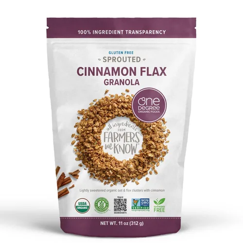 One Degree Organics - Cereal de granola de lino de avena germinada y canela, sin glifosato, orgánico USDA, sin gluten, sin OMG, vegano, aderezo para