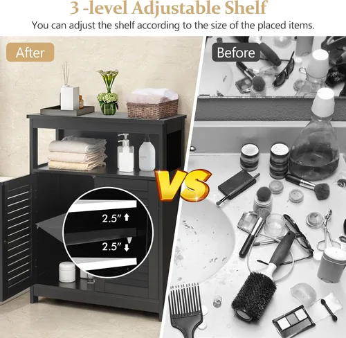 Miniatura 6 de COSTWAY Armario de almacenamiento para baño, organizador de almacenamiento lateral de madera con puertas de rejilla y estante extraíble, gabinete