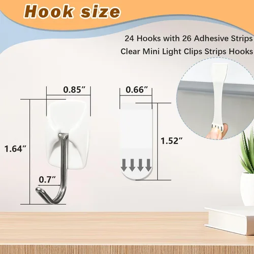 Miniatura 2 de Ganchos pequeños de alambre para pared, 24 ganchos + 26 tiras adhesivas, ganchos de pared colgantes sin daños con tiras adhesivas, ganchos adhesivos