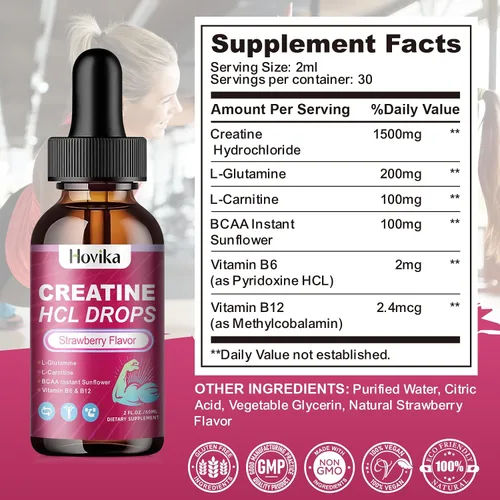 Miniatura 7 de Gotas líquidas de creatina HCL para hombres y mujeres, clorhidrato de creatina con L-carnitina, L-glutamina, BCAA, vitamina B12 y B6