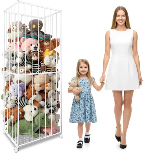 Miniatura 9 de Almacenamiento de animales de peluche, tubo de metal extra grande organizador de almacenamiento de juguetes con ruedas de freno, soporte para Blanco