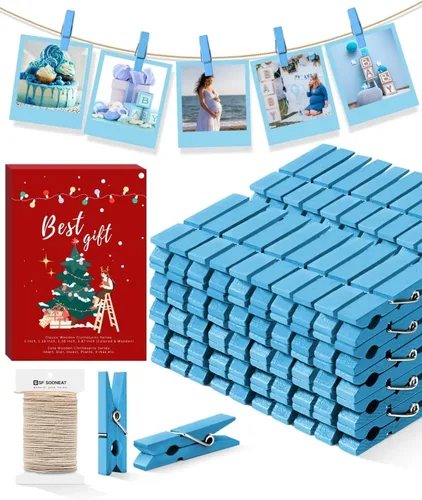 Miniatura 14 de Mini prendedores para fotos, pinzas pequeñas de color negro, paquete de 100 clips de madera arcoíris coloridos con cuerda de 32 pies