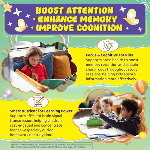 Miniatura 5 de Omega-3 para niños mayores de 4 años, gomitas Focus DHA Plus EPA de algas, vitamina D3 K2, colina y PS para hueso, salud cognitiva e inmunológica