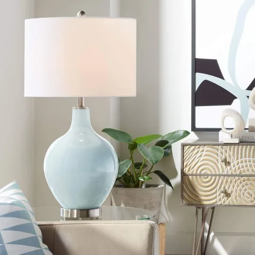 Miniatura 5 de Color + Plus Lámpara de mesa moderna de 28.5 pulgadas de alto, cristal azul Mónaco OVO blanco con pantalla de tambor de lino para sala de estar