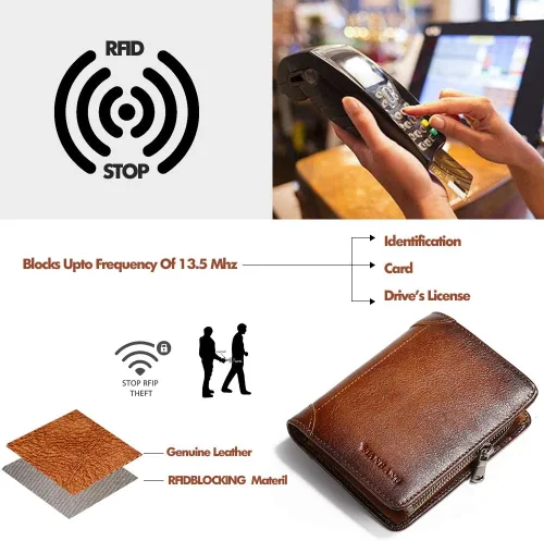 Miniatura 4 de Billetera para hombre con cremallera de cuero genuino RFID tarjeteros de piel de vaca con cremallera bolsillo para monedas, carteras plegables