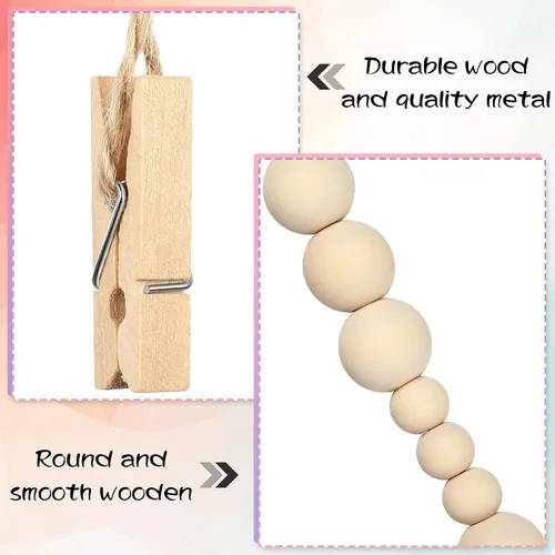 Miniatura 4 de Jetec - Guirnalda de fotos con clips, guirnalda de cuentas de madera bohemia de 4 pies para colgar fotos, soporte para fotos para dormitorio