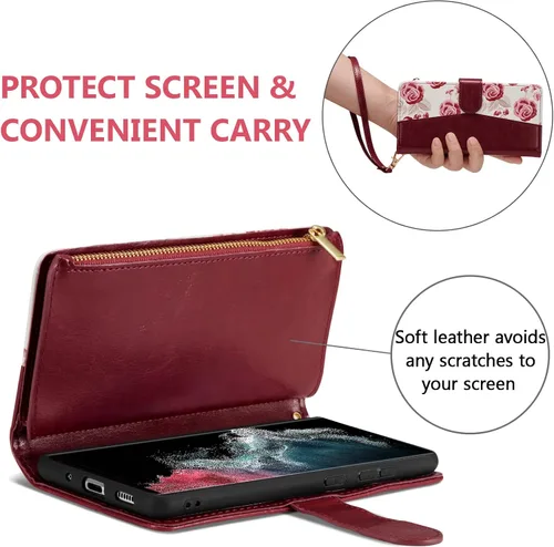 Miniatura 5 de UEEBAI Funda tipo cartera para Samsung Galaxy S22 Ultra 5G, piel sintética con cierre magnético, bolsillo con cremallera, ranuras para tarjetas