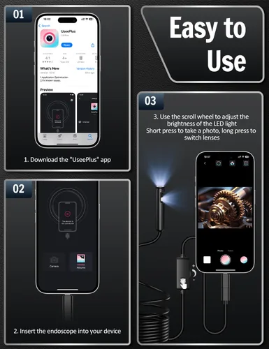 Miniatura 9 de Cámara endoscopio con luz, boroscopio HD 1920P con 8 luces LED ajustables, boroscopio con cámara de serpiente semirrígida de 16.4 pies con luz