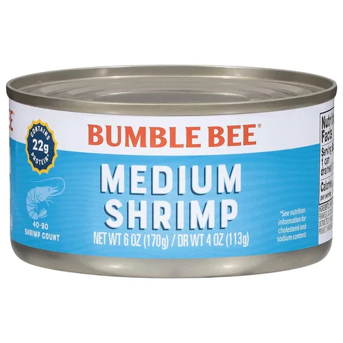 Bumble Bee Camarones enlatados medianos, lata de 6 onzas, camarones en agua, cocidos, pelados, desvenados, 0.78 oz de proteína por porción, sin