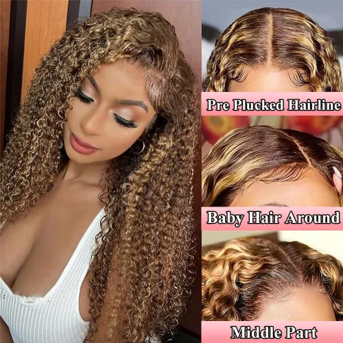 Miniatura 6 de ALSZIQIHR Peluca de Cabello Humano con Encaje Frontal Highlight Ombre de 13 x 4, Pre Plucked HD Transparente 4/27, Rubio Miel, Pelucas Frontales