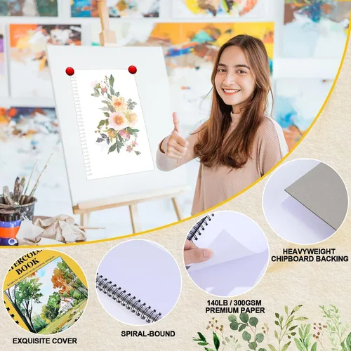 Miniatura 3 de 6 juegos de cuadernos de papel de acuarela de 5.5 x 8.5 pulgadas, 180 hojas de 140 libras (300 gsm) encuadernadas en espiral, sin ácidos, papel