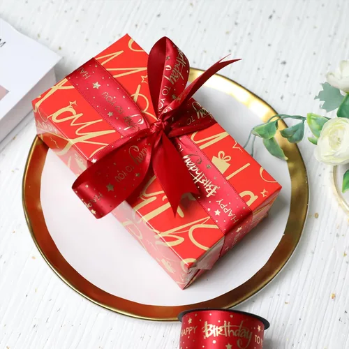Miniatura 3 de Cinta de feliz cumpleaños de 1 pulgada, cintas de satén de cumpleaños rojas con estampado dorado para decoración de cumpleaños, envoltura