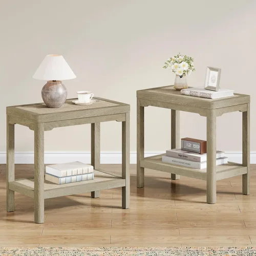 Miniatura 14 de Eclatara Mesitas de noche de ratán, mesa auxiliar de 2 niveles para dormitorio, mesa auxiliar de polígono decorativa para espacios pequeños, mesa