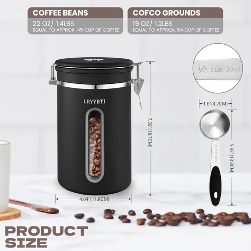Miniatura 4 de Recipientes de café con ventana, cuchara y tapa hermética de acero inoxidable para almacenamiento de granos de café en la cocina (22 oz/negro)