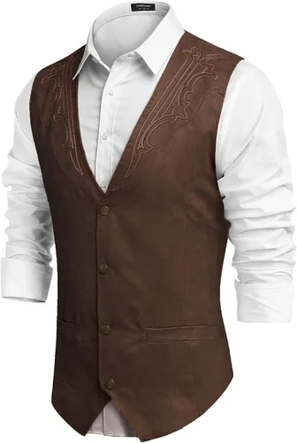 Miniatura 2 de COOFANDY Chaleco de traje de cuero de gamuza para hombre, chaleco occidental casual, chaleco ajustado