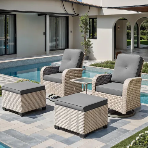 Miniatura 15 de Juego de muebles de patio de 3 piezas, sillas mecedoras giratorias para exteriores con mesa auxiliar de ratán, juegos de mimbre para patio