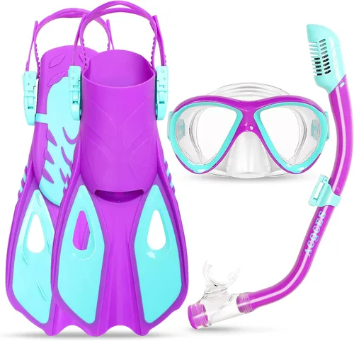 Miniatura 9 de Snorkeling Gear for Kids Ages 5-15, 4 in 1 Mask Fins Snorkel Set with HD Tempered Glass Panoramic View Anti-Fog Mask, Dry Top Snorkel, Adjustable