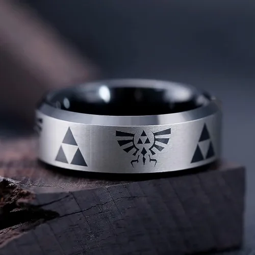 Miniatura 2 de King Will Anillo de boda de carburo de tungsteno negro y azul de 0.315in para hombre The Legend of Zelda, con acabado mate, bordes biselados