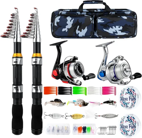 Combo de Caña de Pescar Telescópica con Carrete 2PCS 6.89FT Caña de Pescar Plegable Carrete Giratorio Señuelos Accesorios con Bolsa de Pesca Kit de