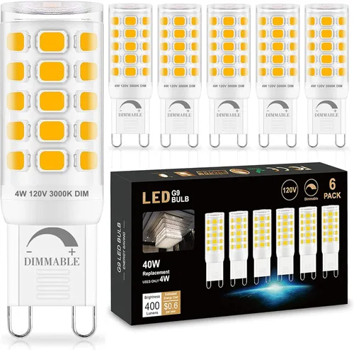 Miniatura 25 de Bombilla LED G9 regulable de 2700 K blanco cálido suave, paquete de 6, T4 G9 de 4 W de reemplazo para 40 vatios de halógeno, base cerámica de doble