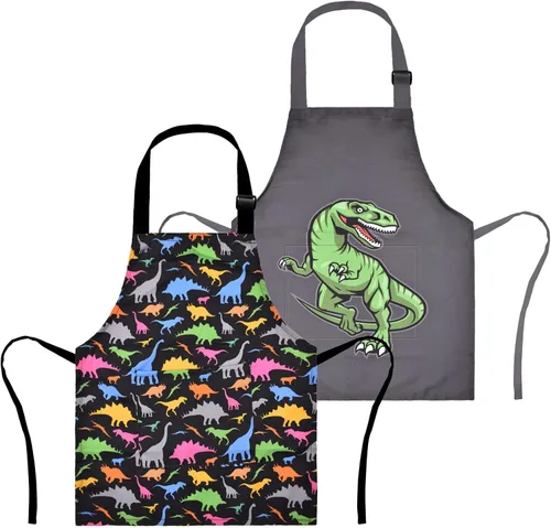 Miniatura 8 de Paquete de 2 delantales de dinosaurio para niños, delantales de unicornio arcoíris para cocinar, pintar, delantal de chef de cocina para niños de 3