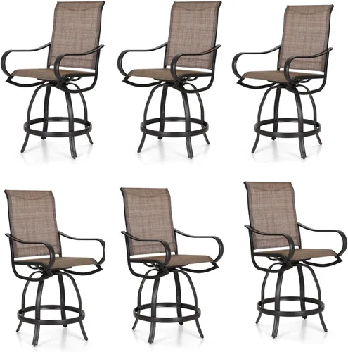 Miniatura 15 de PHI VILLA Juego de 2 taburetes de bar giratorios para exteriores, sillas de patio de altura de mostrador con tela textil impermeable, marrón, marco