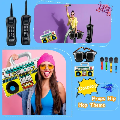 Miniatura 7 de 10 piezas de decoraciones inflables de los años 80 y 90, incluye radio inflable Boombox, teléfono móvil inflable, lentes inflables para decoraciones