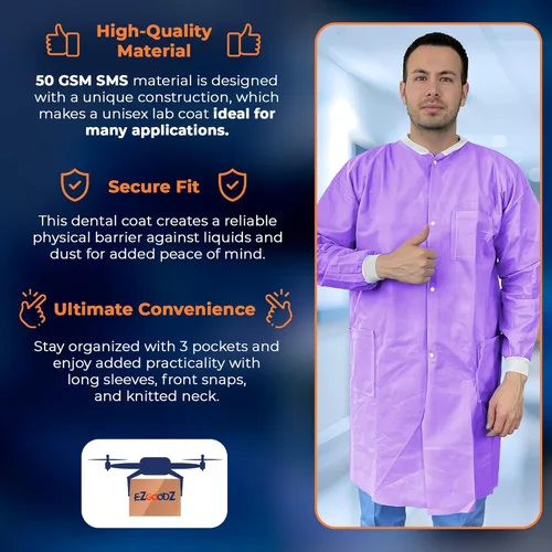 Miniatura 3 de EZGOODZ Abrigos de laboratorio desechables para adultos, morado, mediano, 43 pulgadas de largo, 50 GSM SMS, longitud a la rodilla con cierre a