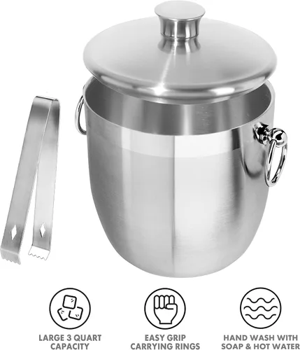 Miniatura 4 de OGGI Cubo de hielo de acero inoxidable de doble pared, cubo de hielo aislado con elegante tapa de acero, asas clásicas y pinzas de hielo de acero