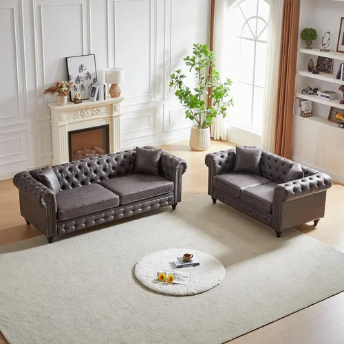 Miniatura 18 de Juego de sofá moderno de 2 piezas de mediados de siglo, sofá Chesterfield retro con botones copetudos, muebles para la sala, cómodo asiento profundo