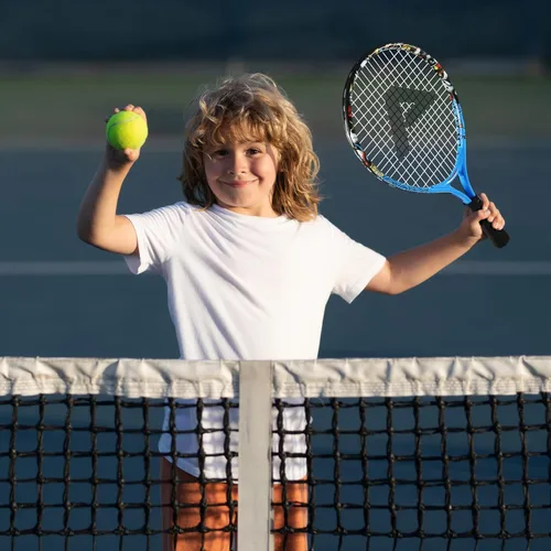 Miniatura 6 de AMA SPORT Raqueta de tenis para niños pequeños, kit de iniciación de raqueta de tenis de 17 a 25 pulgadas para niñas y niños con bolsa de nailon azul