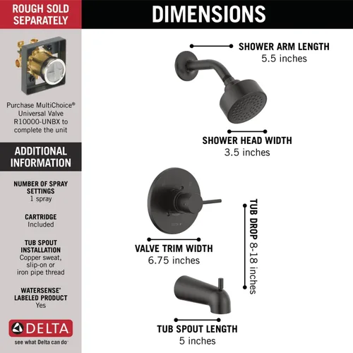 Miniatura 3 de Delta - Kit de regadera y grifo Modern con moldura, serie 14, negro mate, juego de bañera y ducha con cabezal de chorro sencillo, Touch-Clean, negro