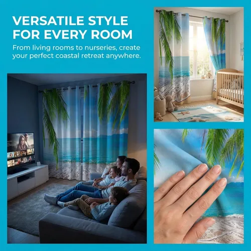 Miniatura 3 de Cortinas opacas de playa con hojas de palmera tropicales, 2 paneles de 84 pulgadas de largo, para dormitorio, sala de estar, guardería, 52 x 84