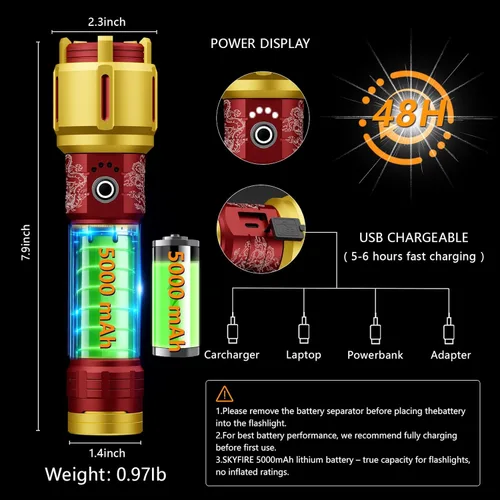 Miniatura 8 de SKYFIRE Linternas LED recargables de alto lúmenes, 10000 mAh, linterna súper brillante, luz táctica con zoom, 10 modos, IPX6, impermeable, para Rojo