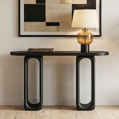 Miniatura 3 de 50" Modern Art Sculptural Console Table, Oval Cutout Legs, Wood Veneer, Thick Rounded Tabletop, Contemporary Entryway Sofa Table for Living Room