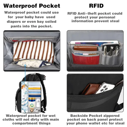 Miniatura 5 de Jiefeike Mochila para pañales para bebés, niños y niñas, bolsas de pañales portátiles para bebé, mochila para papá y mamá, bolsa de pañales