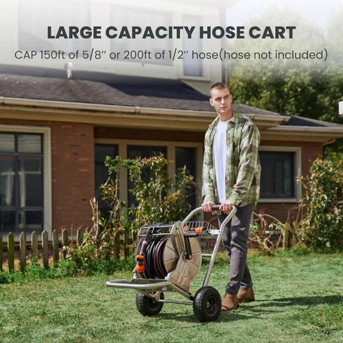 Miniatura 4 de Carro portamangueras de jardín Giraffe Tools con ruedas, carrito de manguera de agua de acero inoxidable resistente, capacidad de 200 pies de 1/2
