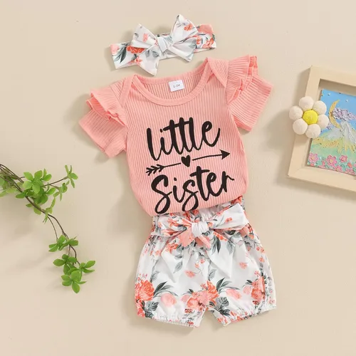 Miniatura 2 de Traje de tía para bebé recién nacida, camiseta de manga corta acanalada, pantalones cortos florales con diadema