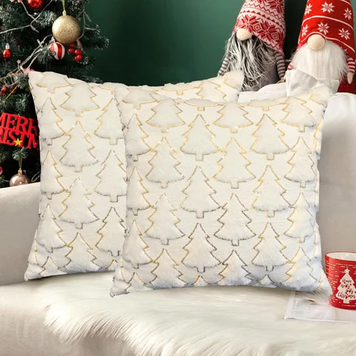 Miniatura 12 de Juego de 2 fundas de almohada de Navidad de 18 x 18 pulgadas, fundas de almohada beige con patrón de árbol de Navidad, fundas de cojín de piel