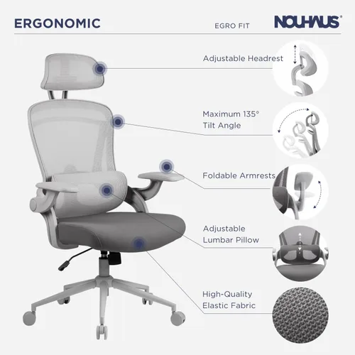 Miniatura 6 de Nouhaus Ergo Fit - Silla de oficina ergonómica de malla, respaldo alto, soporte lumbar ajustable, reposacabezas y reposabrazos abatibles ajustables
