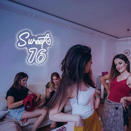 Miniatura 8 de Decoraciones de neón para fiestas de 16 años con texto en inglés «Sweet 16», decoración de cumpleaños para niñas, brillo vibrante para fiestas